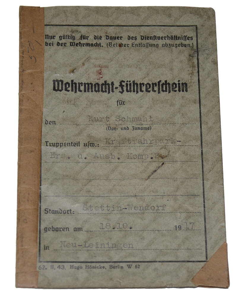 WORLD WAR TWO GERMAN MILITARY DRIVER’S LICENSE
