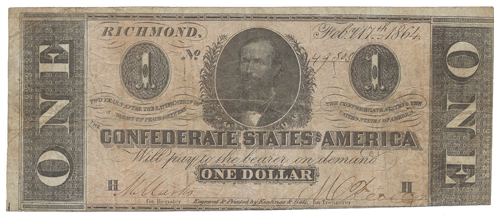 1864 CSA T-71 $1 NOTE FEATURING CLEMENT C. CLAY, SENATOR FROM ALABAMA