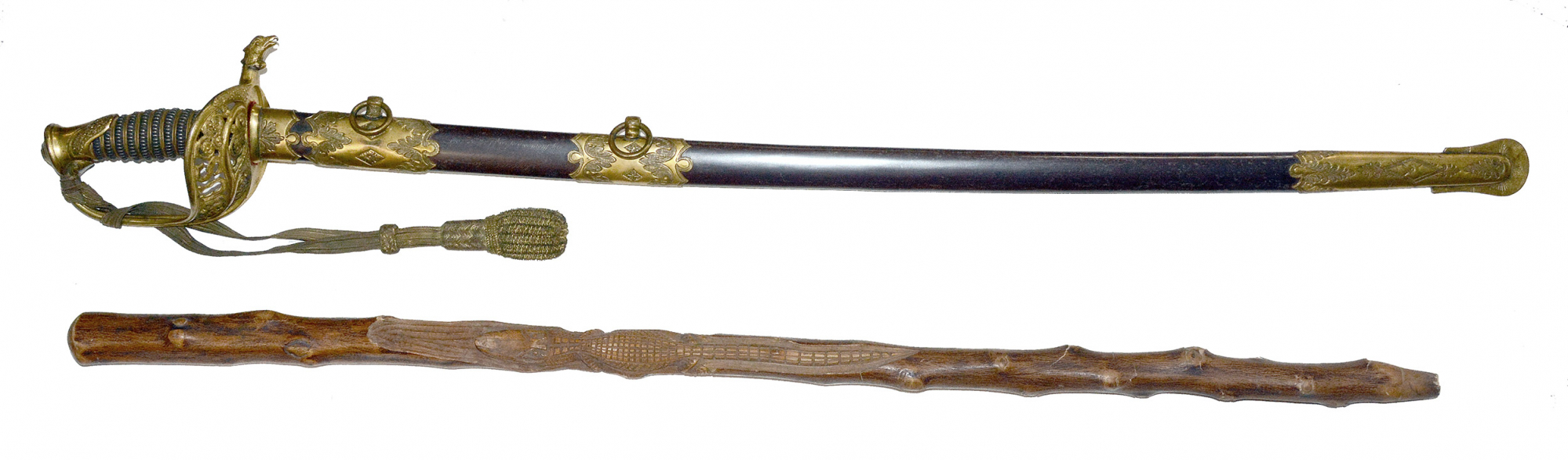 SERVICE IN FOUR MAINE REGIMENTS: 5th, 12th, 25th, and 30th: PRESENTATION M1850 STAFF AND FIELD SWORD WITH THE OFFICER’S CARVED CANE