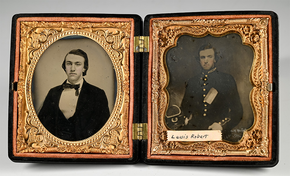 LT. LEWIS A. ROBERT 39th ALABAMA, WITH A CONFEDERATE FIRST NATIONAL FLAG RIBBON ON HIS CHEST: “ATTENTIVE & EFFICIENT. NONE BETTER.” POW KENTUCKY; WIA CHICKAMAUGA AND RESACA; KIA BENTONVILLE, MARCH 1865, EX-BILL TURNER