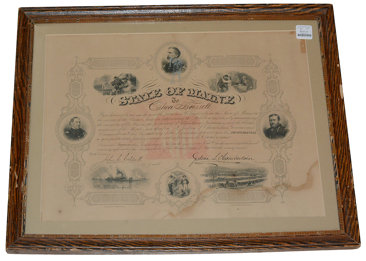 1868 MAINE CERTIFICATION OF PATRIOTISM FOR 20TH MAINE SOLDIER —SIGNED BY GOVERNOR JOSHUA CHAMBERLAIN