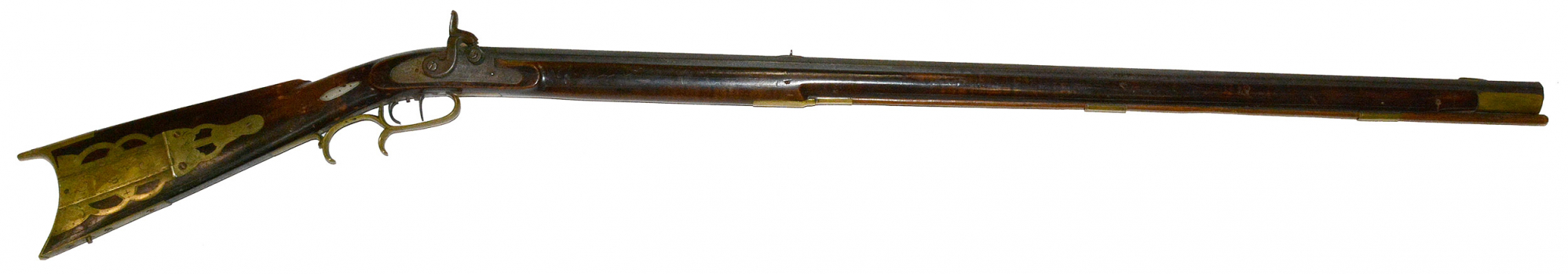 PERCUSSION FULL STOCK PENNSYLVANIA/KENTUCKY RIFLE WITH PIERCED PATCH BOX AND JOSEPH GOLCHER CAP LOCK