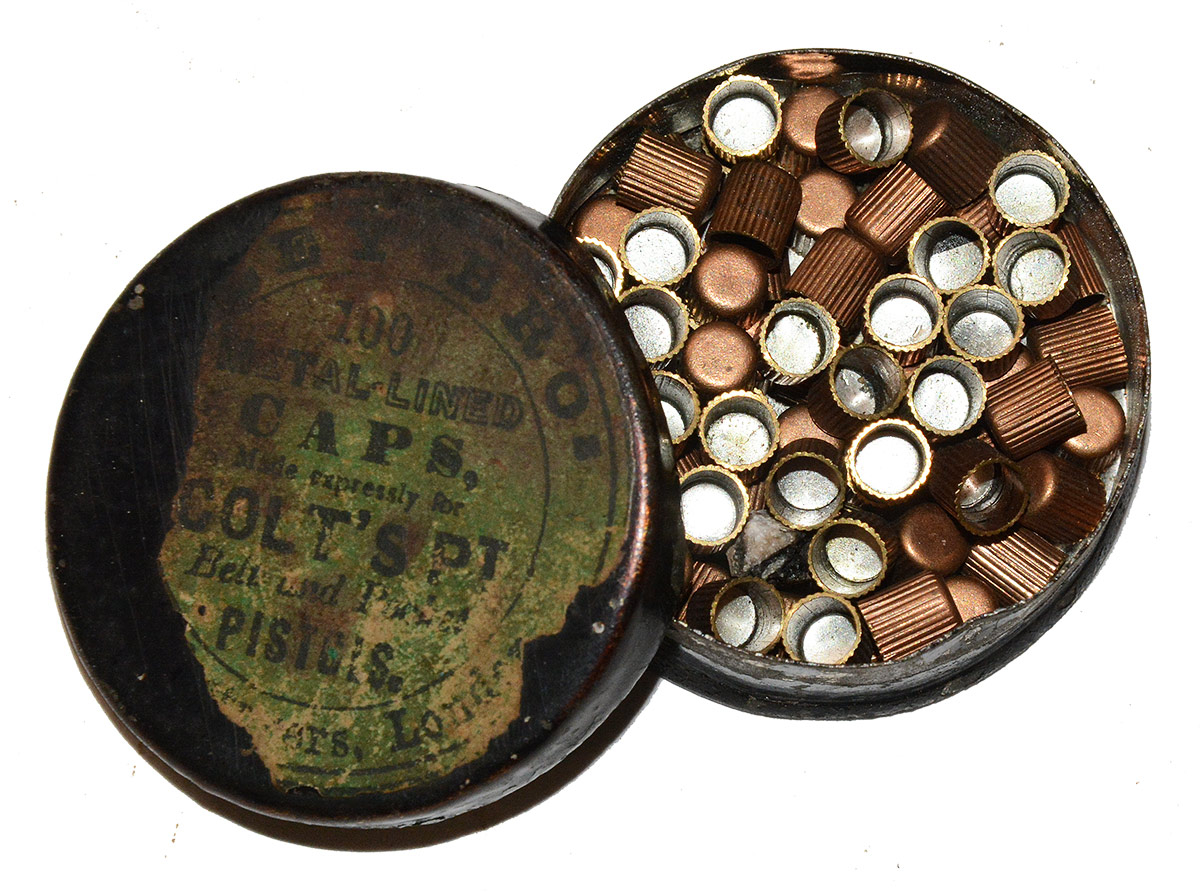 RARE CIVIL WAR ERA ELEY BROS CAP TIN WITH LABEL FOR COLT’S PISTOLS