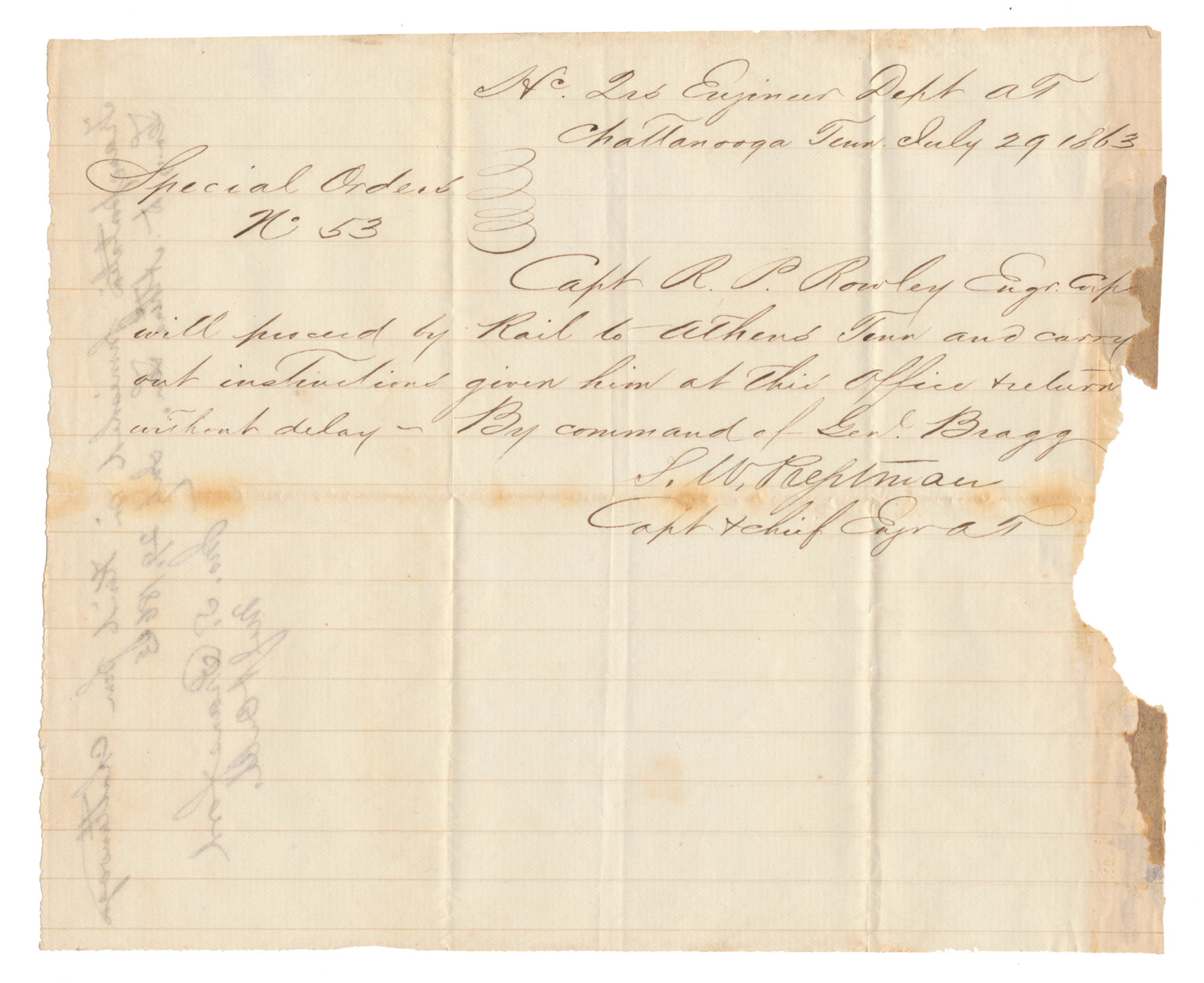 ARMY OF TENNESSEE STAFF LETTER - CONFEDERATE CORPS OF ENGINEERS, CAPT. R.P. ROWLEY