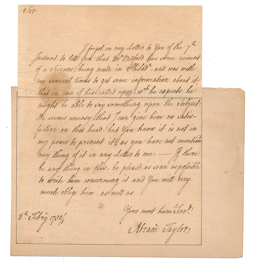 PHILADELPHIA COLONIAL LETTER--COLONEL ABRAM TAYLOR