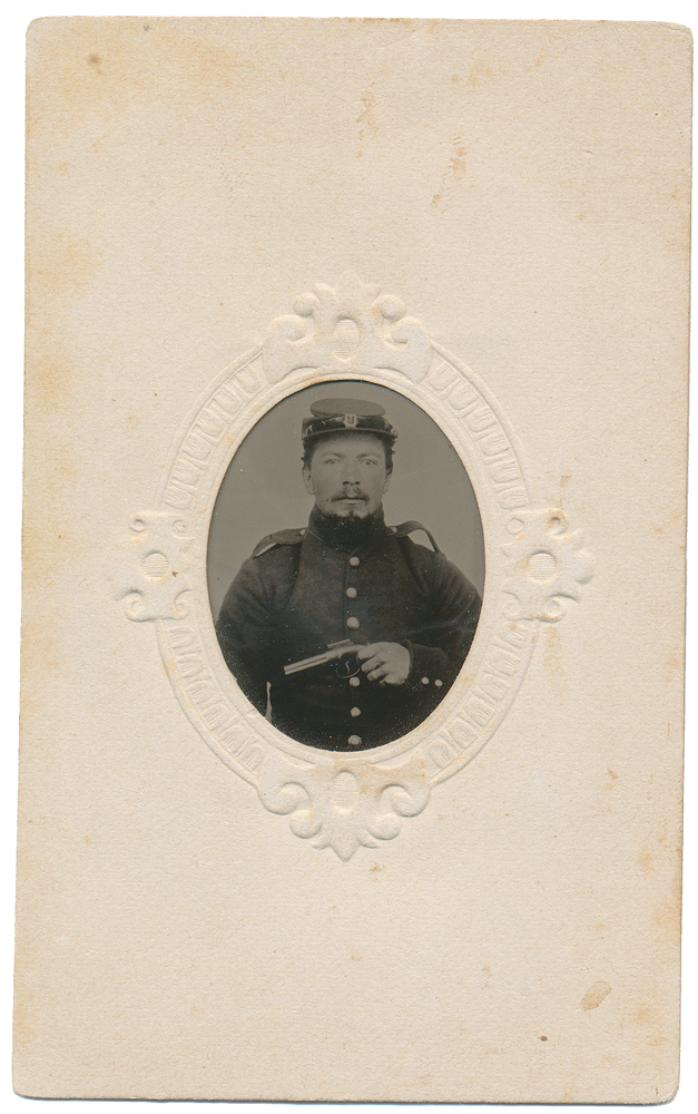 TINTYPE OF A NEW YORK SOLDIER HOLDING A PEPPERBOX PISTOL