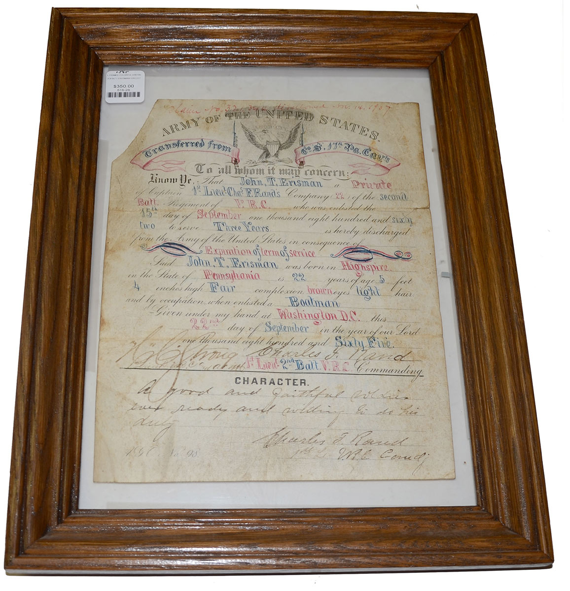 COLORFUL SOLDIER’S DISCHARGE, 17TH PENNSYLVANIA CAVALRY / V.R.C.