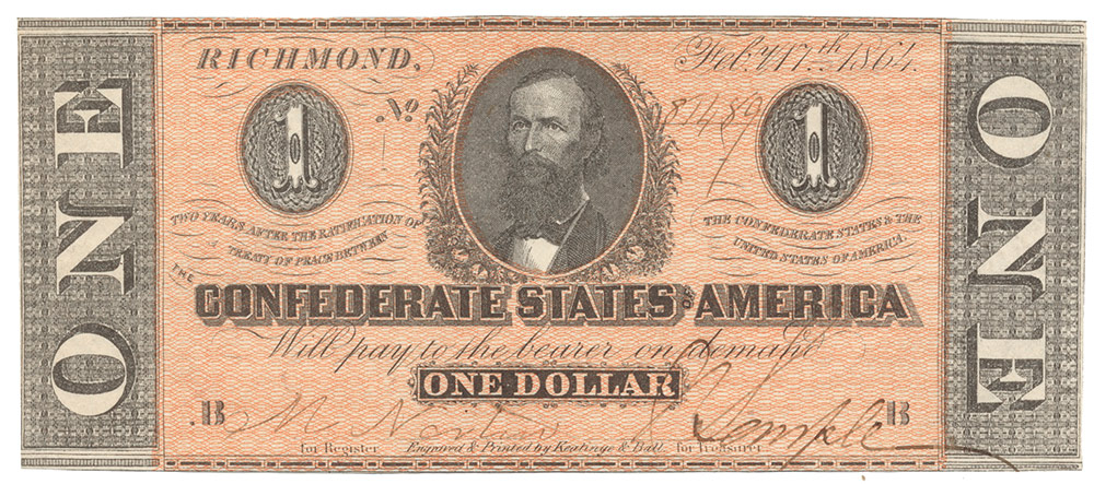 1864 CSA T-71 $1 NOTE FEATURING CLEMENT C. CLAY, SENATOR FROM ALABAMA