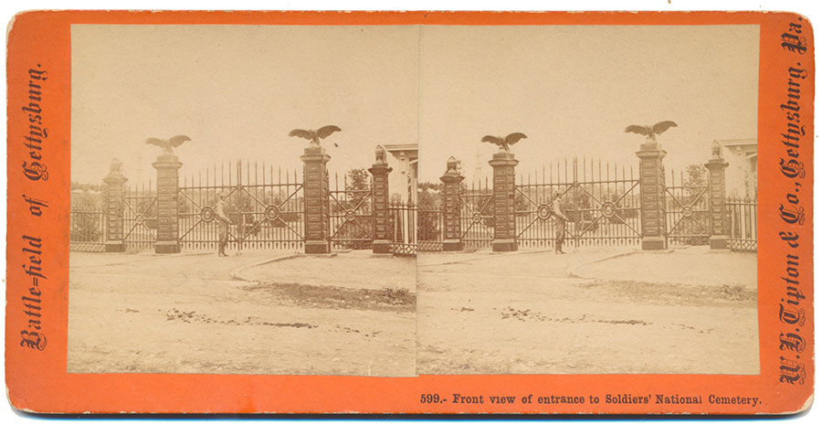 STEREO CARD OF GETTYSBURG NATIONAL CEMETERY GATE BY TIPTON