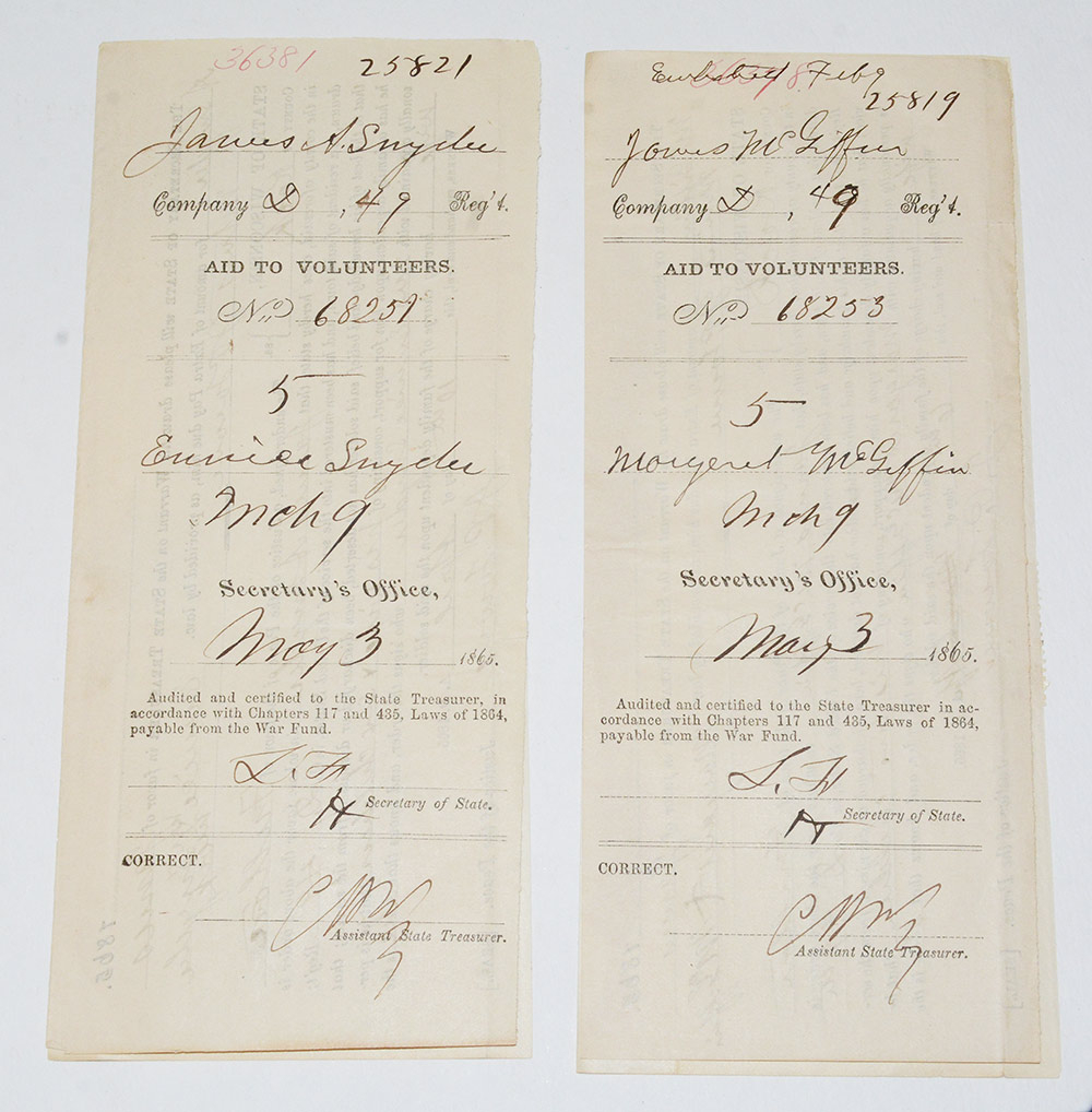 PAIR OF “AFFIDAVIT FOR WIFE” DOCUMENTS – 49TH WISCONSIN; WISCONSIN VOLUNTEER AID FUND