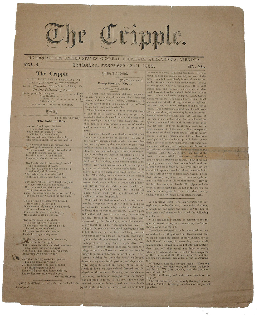 FEBRUARY 18, 1865 ISSUE OF THE CRIPPLE, UNION HOSPITAL NEWSPAPER