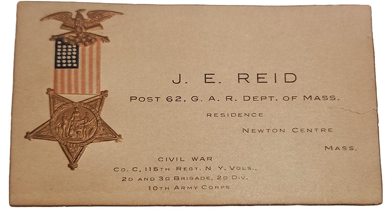 G.A.R. CALLING CARD, J.E. REID - 115th NEW YORK VOLS. 