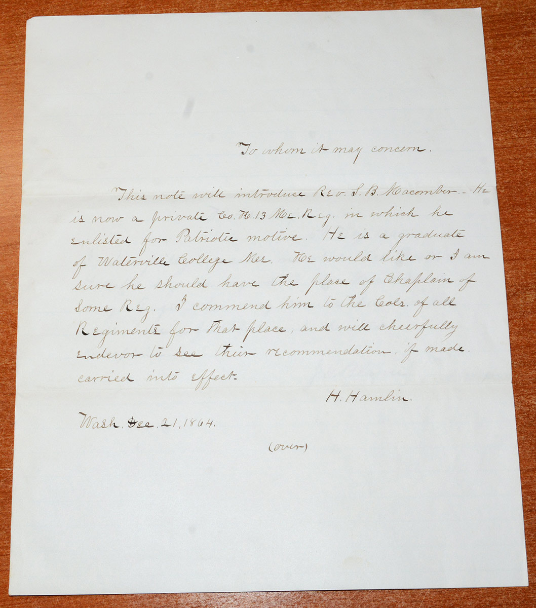 CLERICAL COPY OF A RECOMMENDATION FOR PROMOTION TO CHAPLAIN – SYLVANUS B. MACOMBER, 13TH & 30TH MAINE