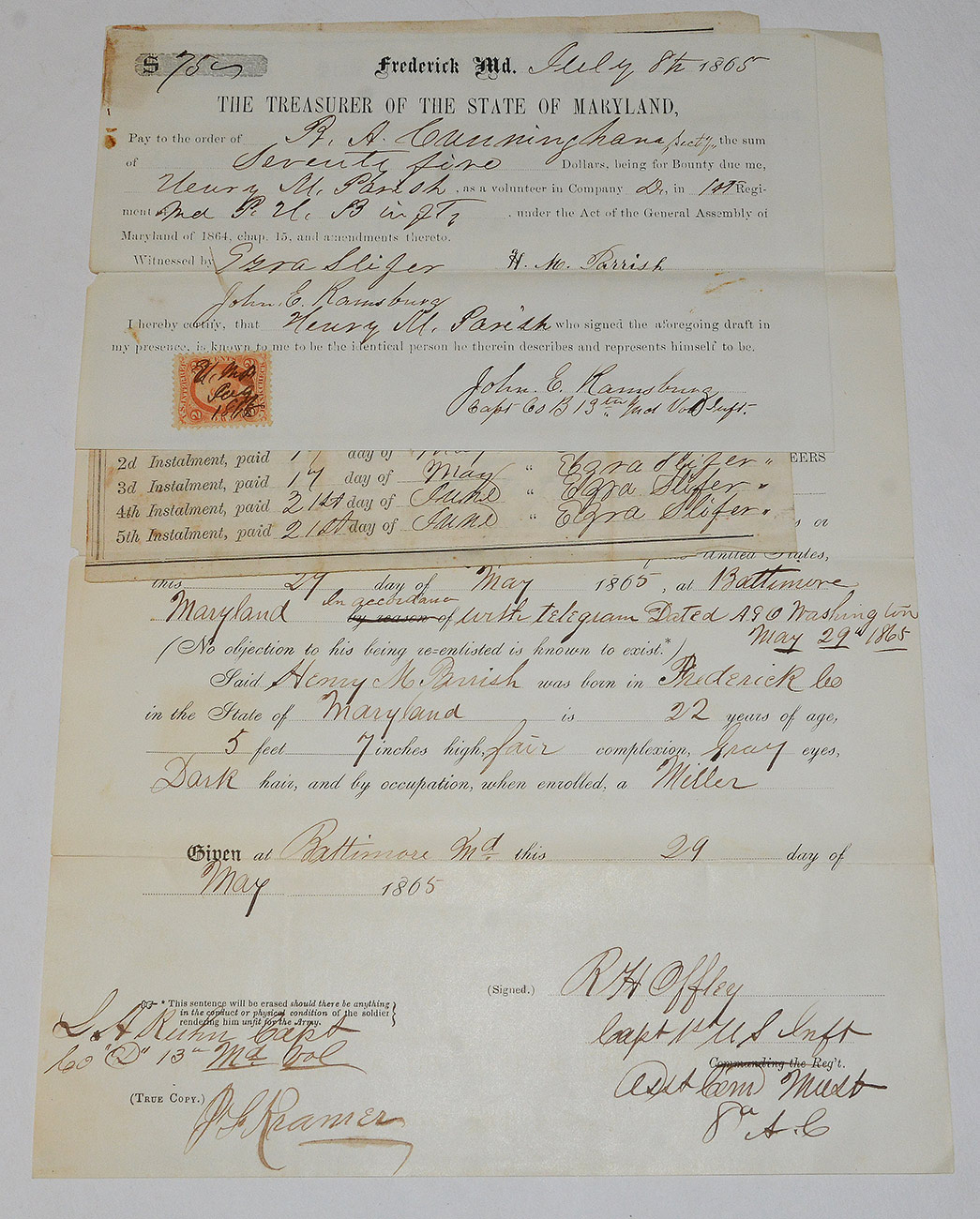 LOT OF BOUNTY RELATED DOCUMENTS – HENRY M. PARISH, 13TH MARYLAND (US) VOLUNTEER INFANTRY