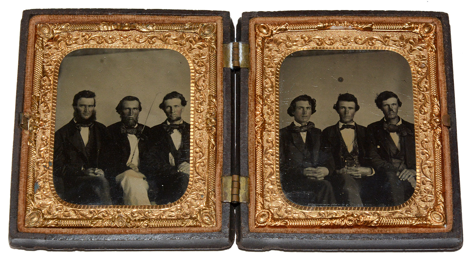 SIXTH-PLATE “UNION” PHOTOGRAPH CASE WITH PAIR OF TINTYPES SHOWING SIX BROTHERS