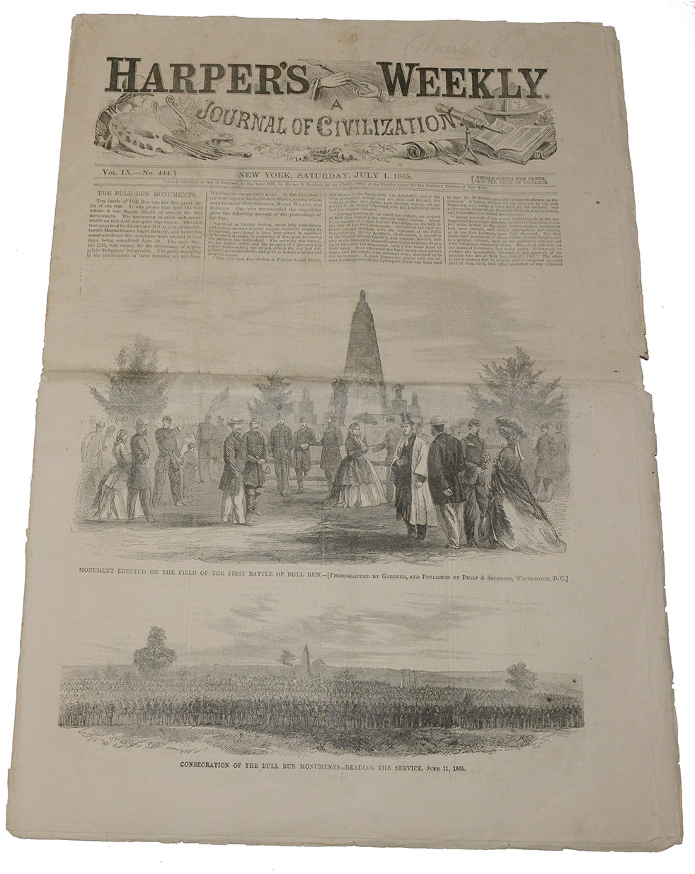 HARPERS WEEKLY FOR JULY 1ST 1865- BULL RUN MONUMENT AND LINCOLN ASSASSINATION TRIAL