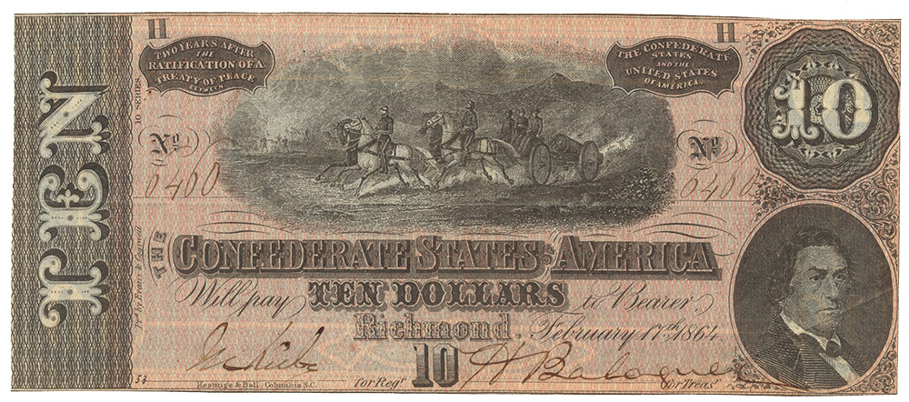 CSA $10 NOTE FEATURING HORSE-DRAWN ARTILLERY PIECE