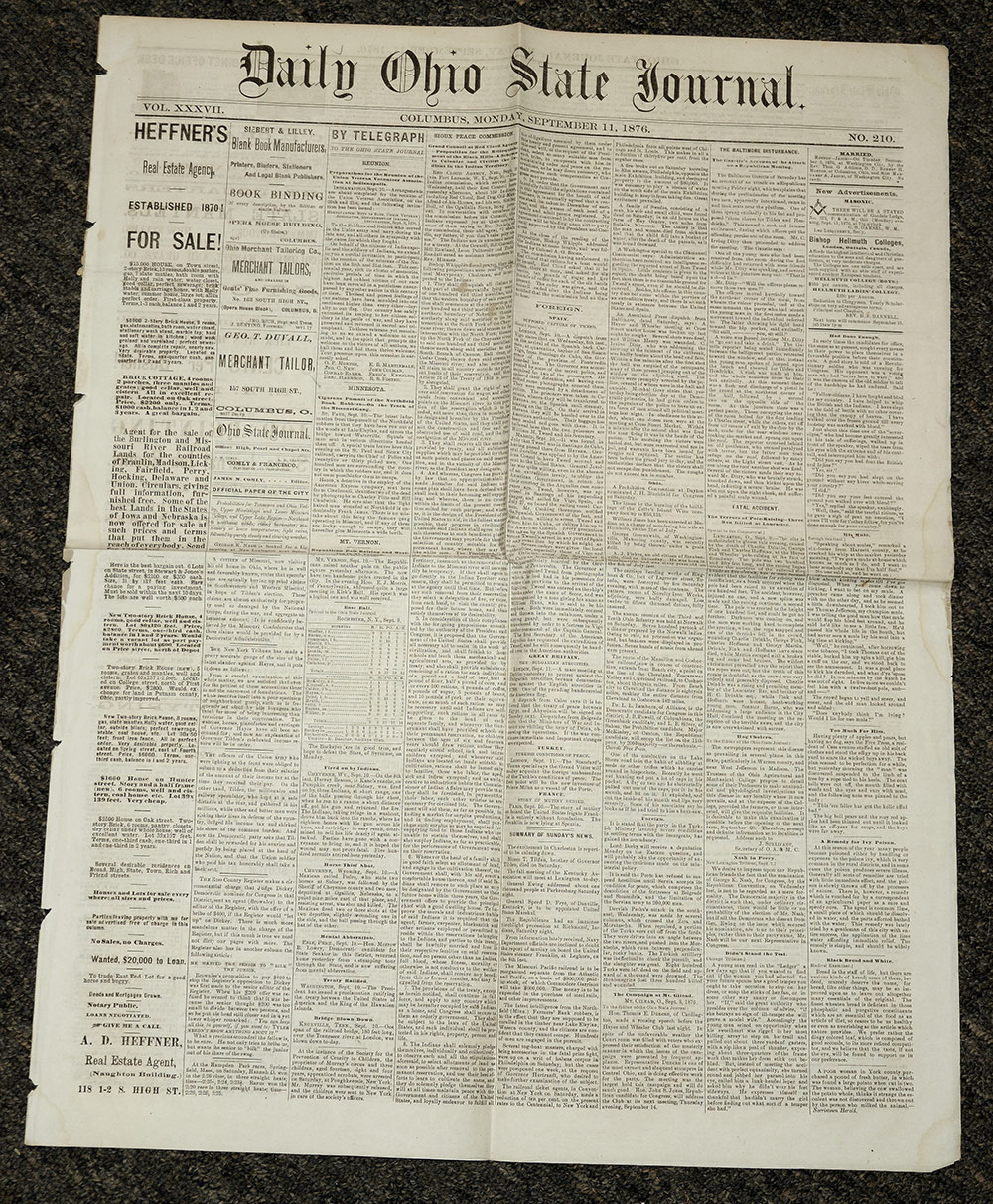 DAILY OHIO STATE JOURNAL—JAMES’ GANG NORTHFIELD RAID—DATED COLUMBUS, SEPTEMBER 8, 1876