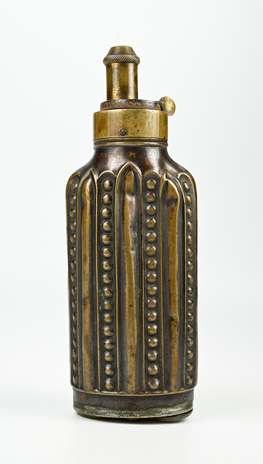 COMPARTMENTED POWDER FLASK FOR THE AMERICAN MARKET, LIKELY FOR A CASED PAIR OF PHILADELPHIA DERRINGERS
