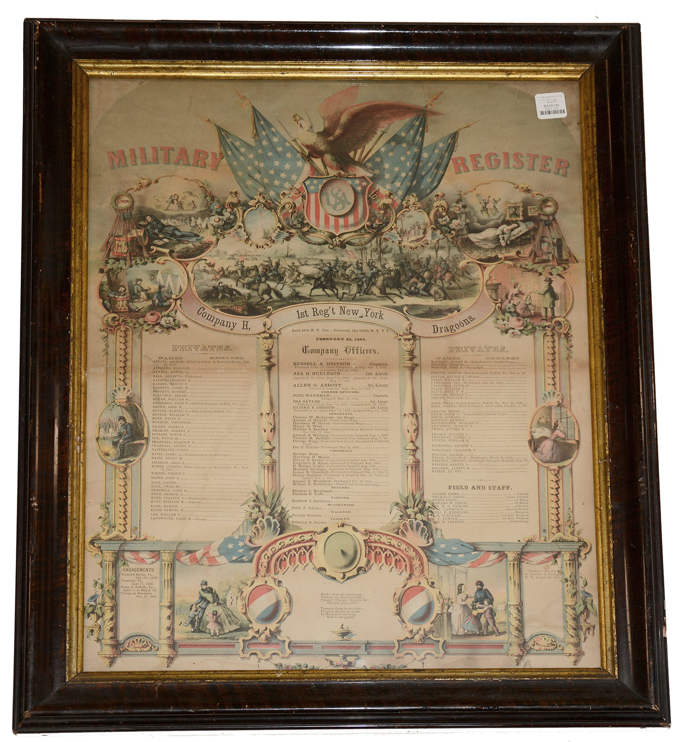FRAMED MEMORIAL FOR COMPANY H, 1ST NEW YORK DRAGOONS
