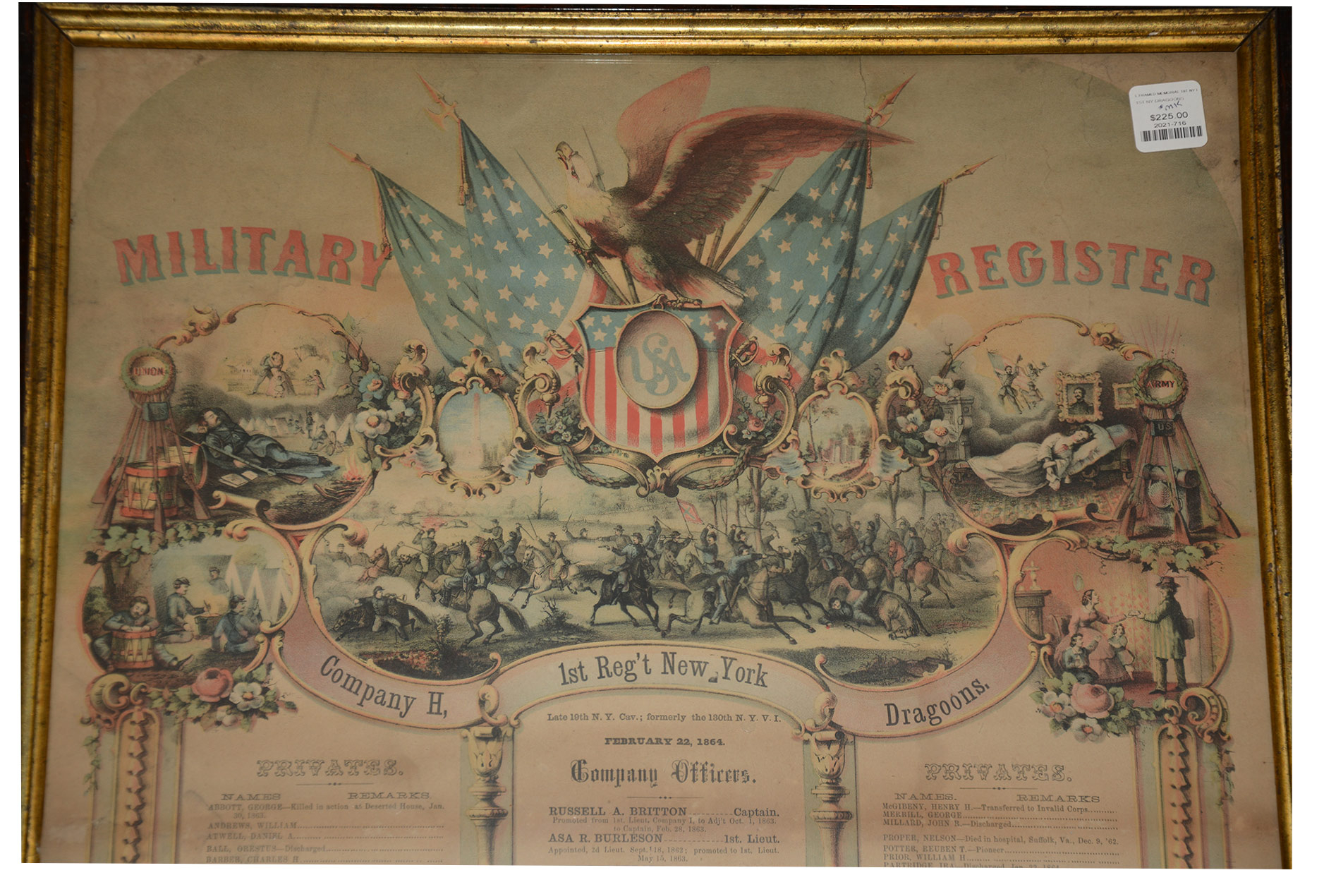 FRAMED MEMORIAL FOR COMPANY H, 1ST NEW YORK DRAGOONS — Horse Soldier
