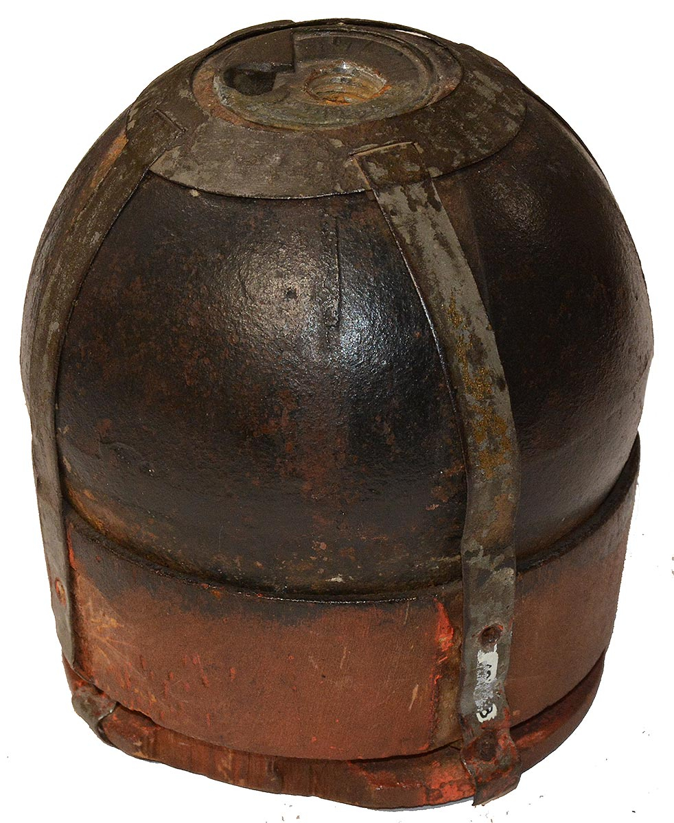 CONFEDERATE 4.52 INCH 12 POUND BORMAN FUSED SPHERICAL SHELL ON THE ORIGINAL SABOT WITH TIN HARNESS – FROM PHILADELPHIA MOLLUS MUSEUM COLLECTION
