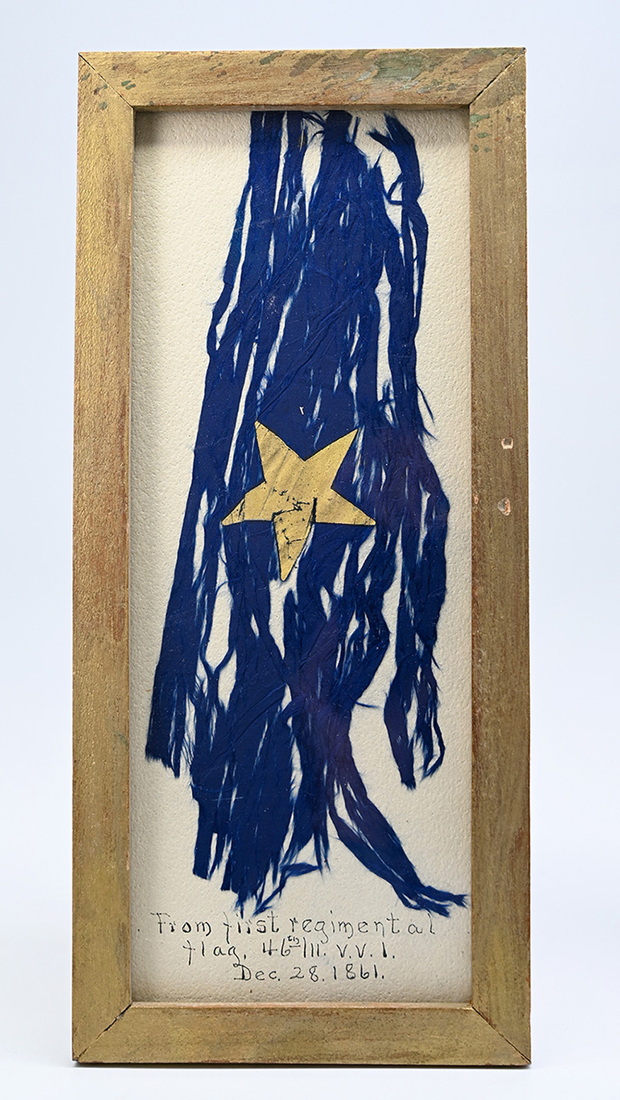 PIECE OF THE 46th ILLINOIS BATTLE FLAG PRESERVED AND TAGGED BY VETERAN BELA St. JOHN 