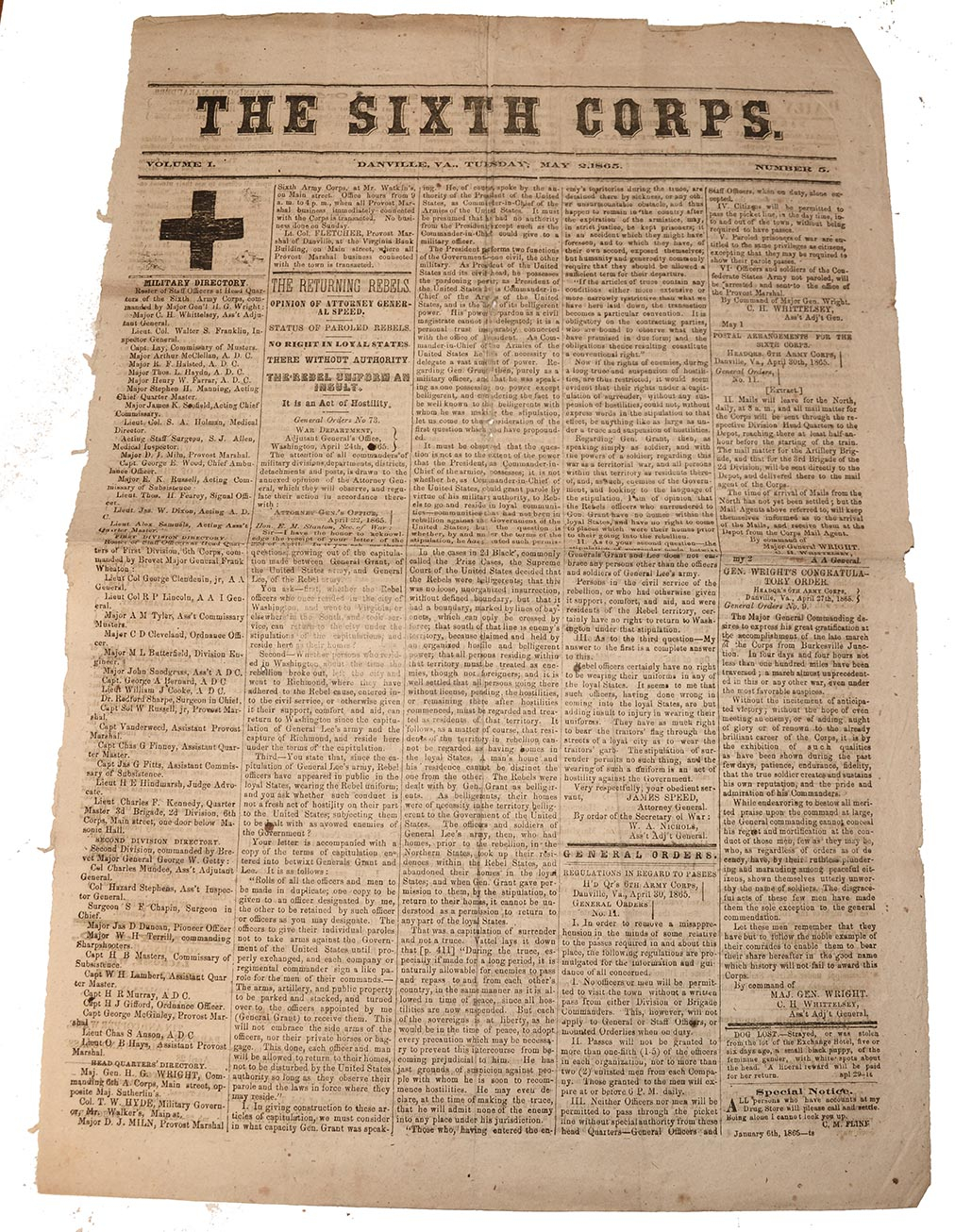 THE SIXTH CORPS NEWSPAPER – MAY 2, 1865