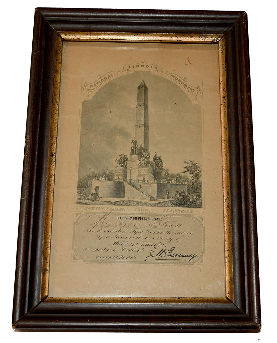 FRAMED LINCOLN MONUMENT CERTIFICATE