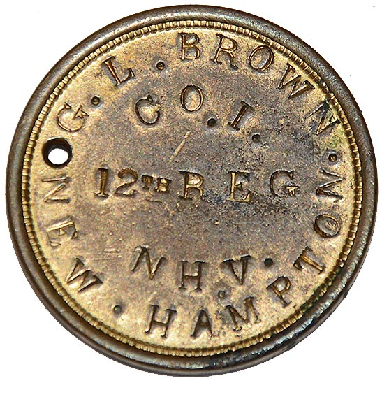 IDENTIFICATION DISK OF PRIVATE GEORGE L. BROWN OF THE 12TH NEW HAMPSHIRE VOLUNTEERS, MORTALLY WOUNDED AT CHANCELLORSVILLE 