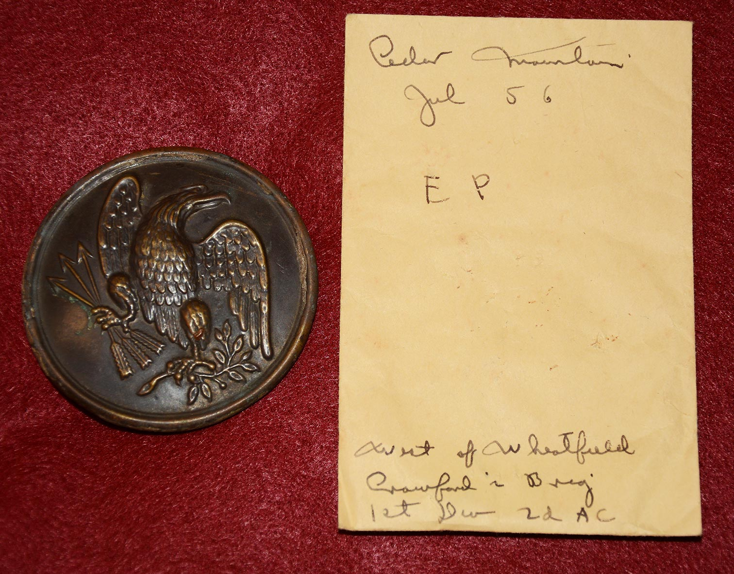 US PATTERN 1826 EAGLE BREAST PLATE EXCAVATED AT CEDAR MOUNTAIN BY SYD KERKSIS IN 1956