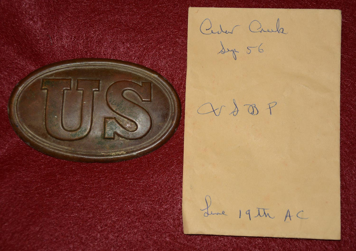 US PATTERN 1839 OVAL BELT PLATE EXCAVATED AT CEDAR CREEK BY SYD KERKSIS IN 1956