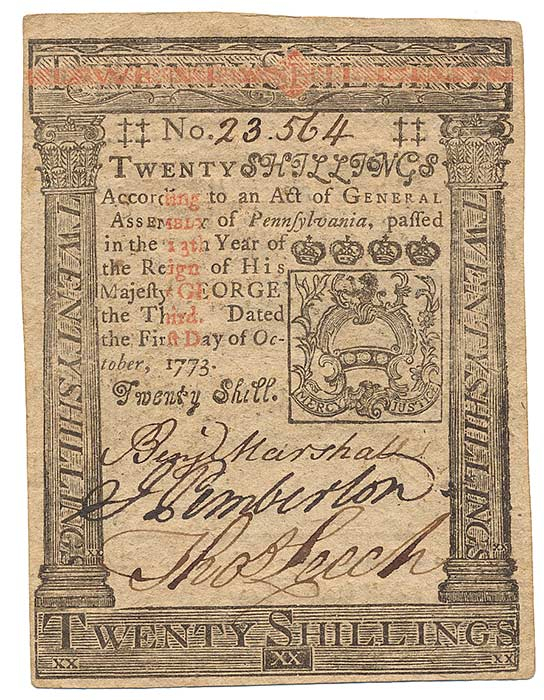1773 PENNSYLVANIA 20 SHILLINGS BILL IN VERY FINE CONDITION