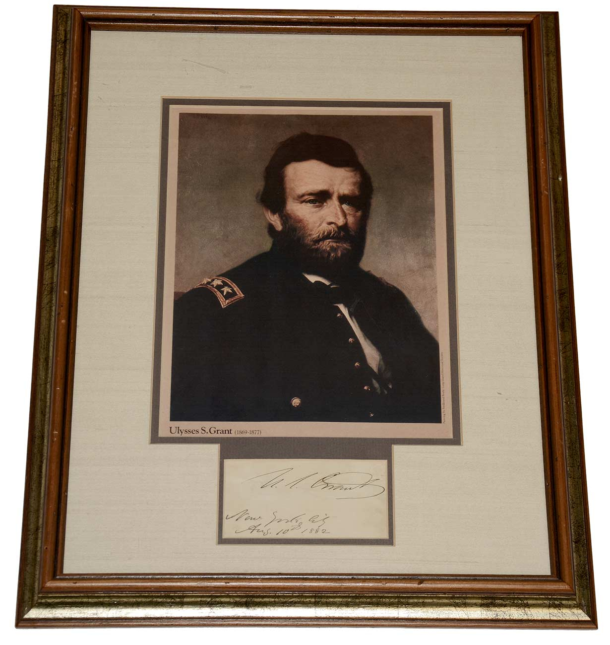 Framed post war u s grant clipped signature with lithograph of color