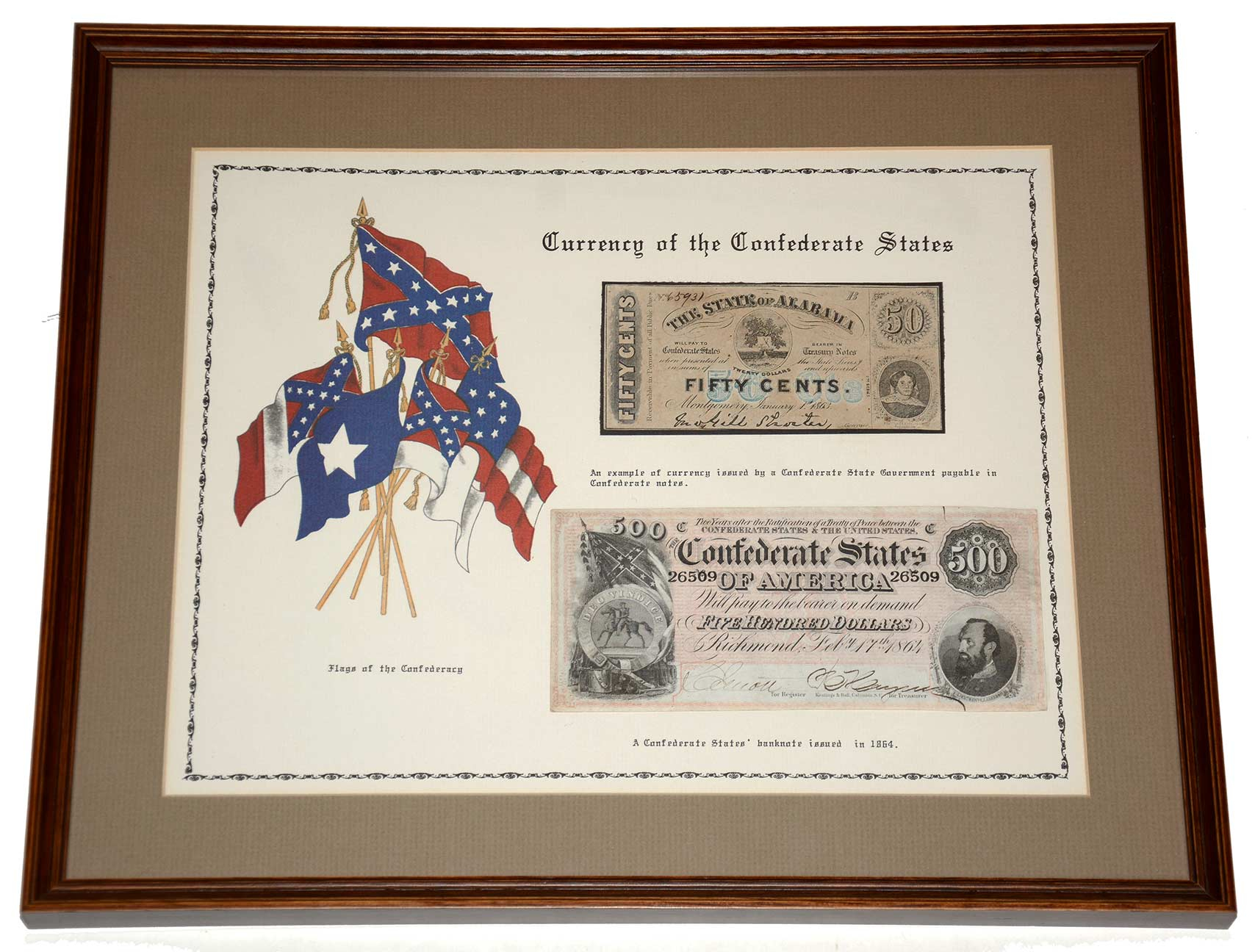 FRAMED “CURRENCY OF THE CONFEDERATE STATES” - ALABAMA FIFTY CENTS NOTE & CONFEDERATE FIVE HUNDRED DOLLAR NOTE