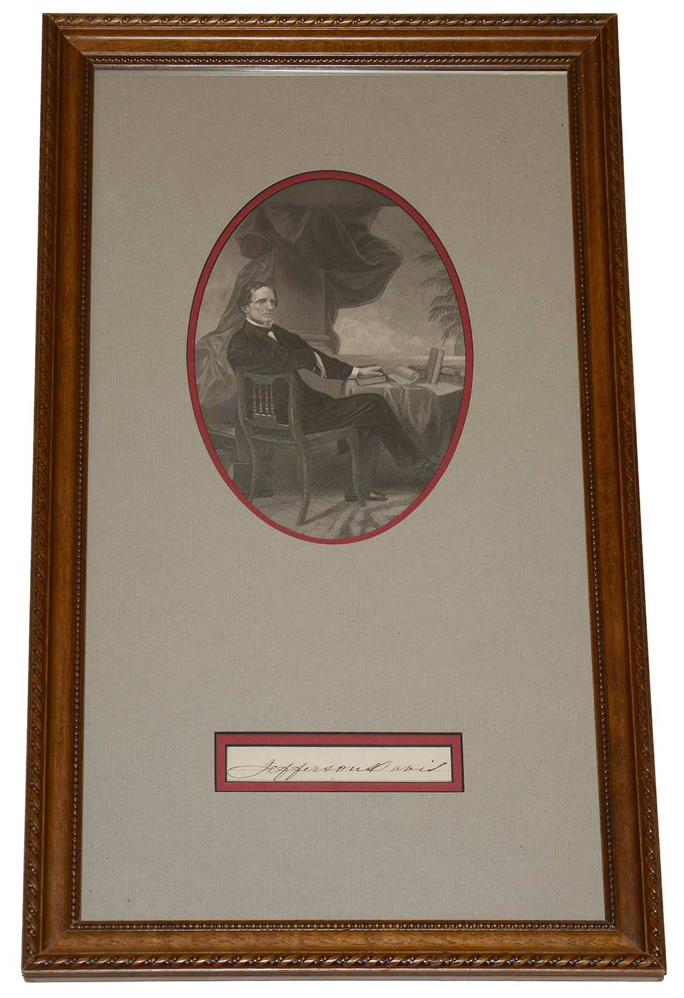 FRAMED JEFFERSON DAVIS CLIPPED SIGNATURE AND LITHOGRAPH