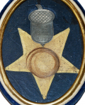 FANTASTIC BADGE OF THE 14TH ARMY CORPS, ARMY OF THE CUMBERLAND TABLEAU IDENTIFIED TO PRIVATE HENRY ELVER, 9TH OHIO INFANTRY – WOUNDED AT CHICKAMAUGA