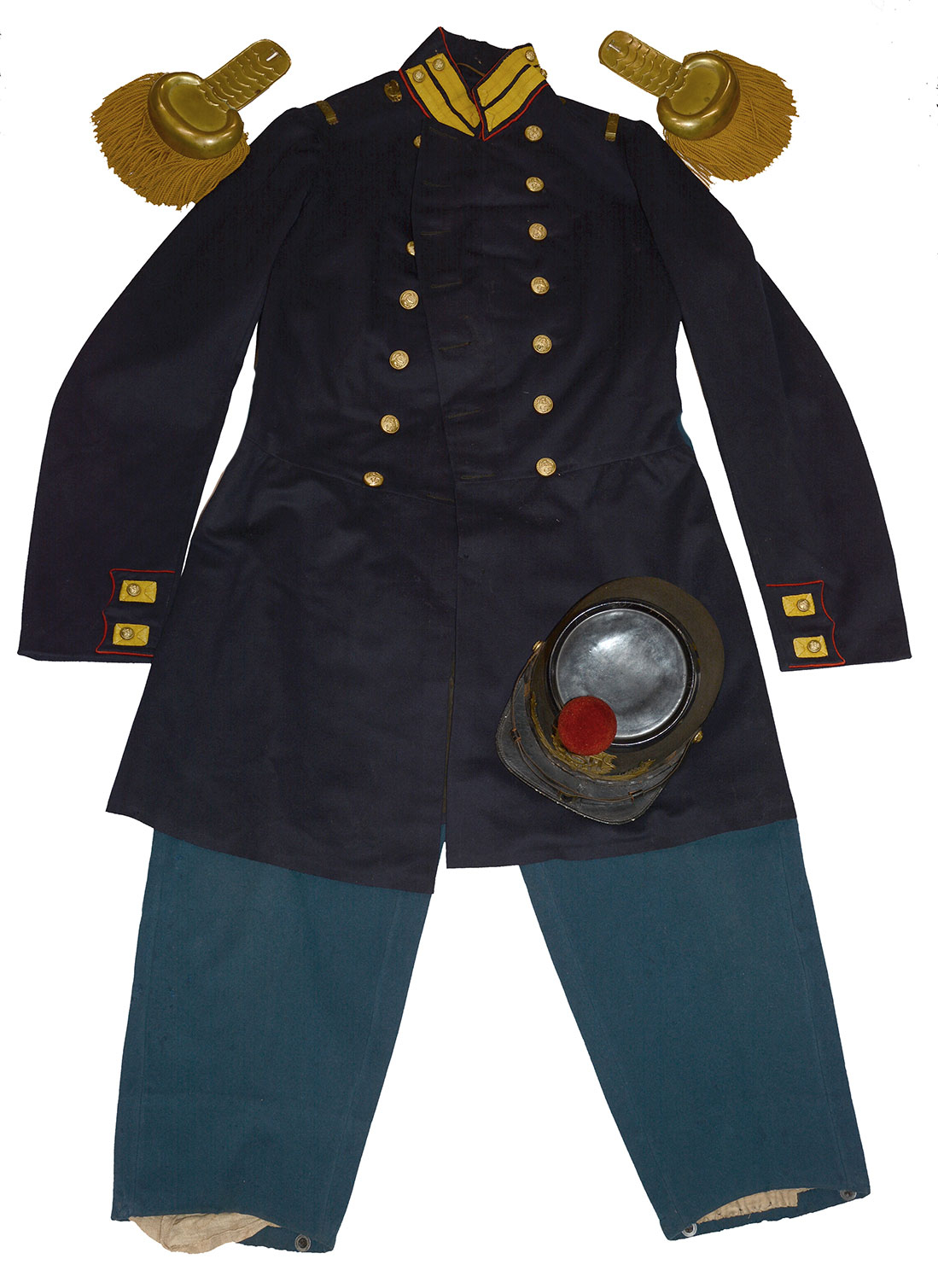 CIVIL WAR US MARINE CORPS GROUPING OF PRIVATE JOHN HAMMOND: REGULATION SHAKO, DRESS COAT, TROUSERS, FATIGUE CAP, AND KNAPSACK: THE SET IN THE BOOKS!