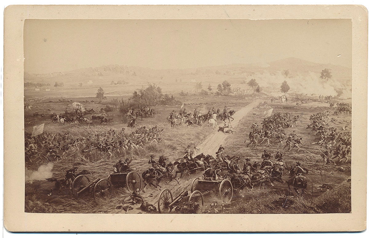 CABINET CARD PHOTO – PORTION OF THE GETTYSBURG CYCLORAMA WHILE ON EXHIBIT IN BOSTON; FIGHTING AROUND AREA OF THE ANGLE