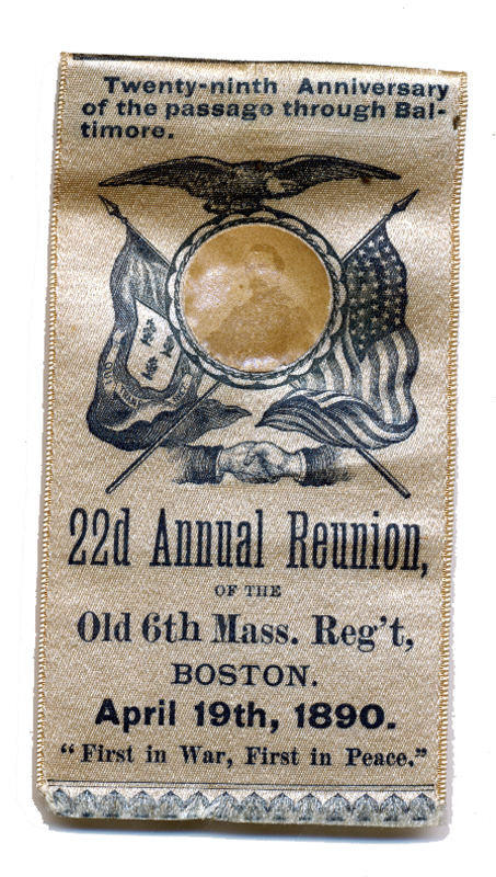 1890 REUNION RIBBON OF THE OLD 6TH MASS. REGT., BOSTON