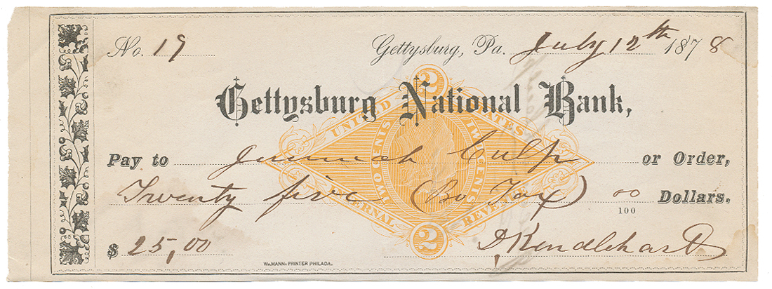 OLD GETTYSBURG NATIONAL BANK CHECK TO JEREMIAH CULP FROM DAVID KENDLEHART