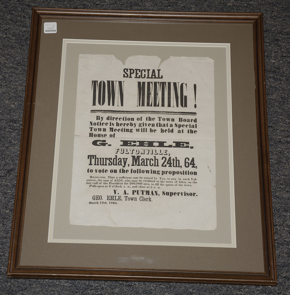FULTONVILLE, NY CIVIL WAR BROADSIDE - VOLUNTEER BOUNTY, “SPECIAL TOWN MEETING!”
