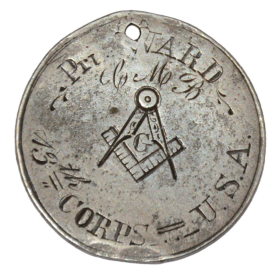 SILVER SEATED LIBERTY COIN MADE INTO AN ID TAG FOR A CHICAGO MERCANTILE BATTERY SOLDIER WHO WAS ALSO A MASON – WALDO WARD