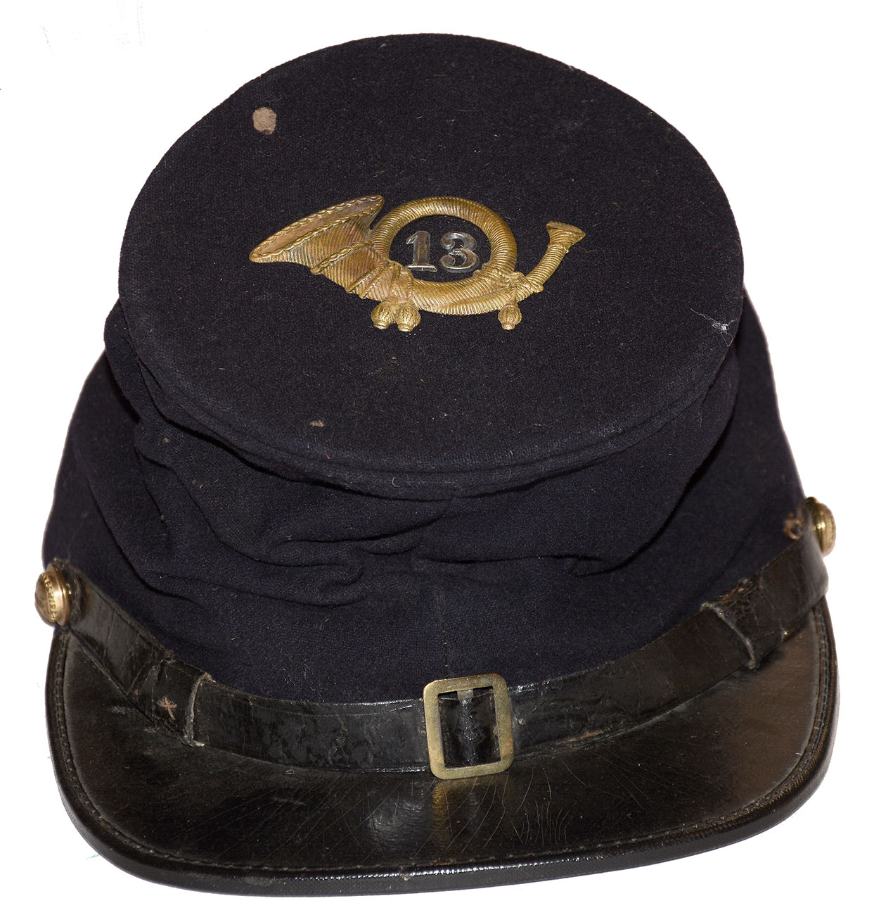  IDENTIFIED OFFICER’S FORAGE CAP OF CAPT. JAMES M. DURELL, 13th NEW HAMPSHIRE AND GRAHAM’S NAVAL BRIGADE: TWICE WOUNDED IN ACTION, NAME SCRATCHED IN VISOR, EX-TEXAS CIVIL WAR MUSEUM