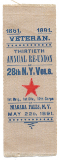 13th ANNIVERSARY REUNION RIBBON OF THE 28th NEW YORK VOLUNTEERS, 1891