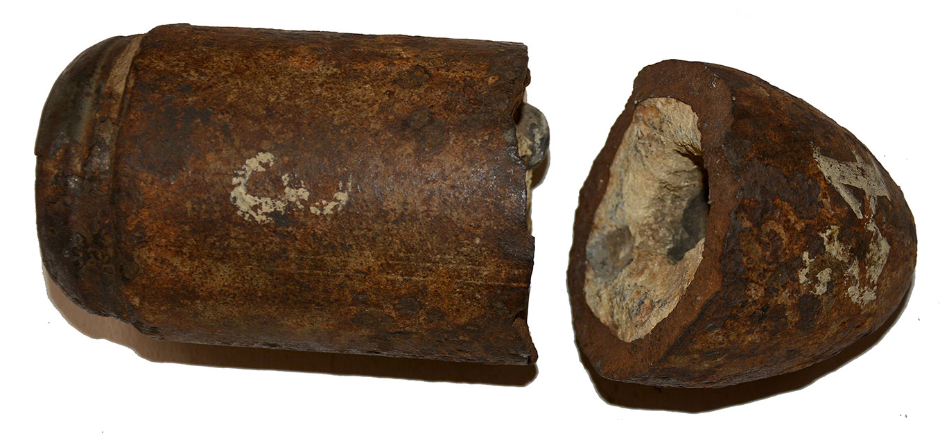 U.S. 3-INCH DYER CASE SHOT SHELL FROM DANNER MUSEUM – CRACKED IN TWO PIECES!