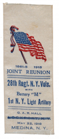 28TH NEW YORK VOLS. & 1ST NEW YORK LIGHT ARTILLERY REUNION RIBBON, 1918