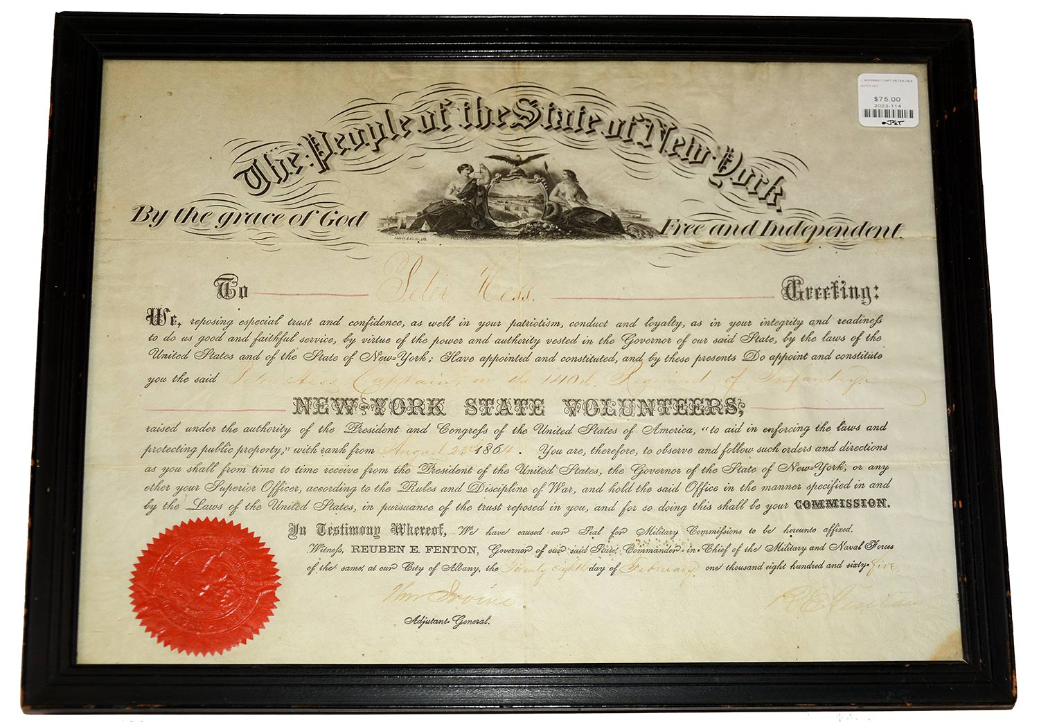 FRAMED COMMISSION TO RANK OF CAPTAIN FOR PETER HESS, 140TH NEW YORK INFANTRY