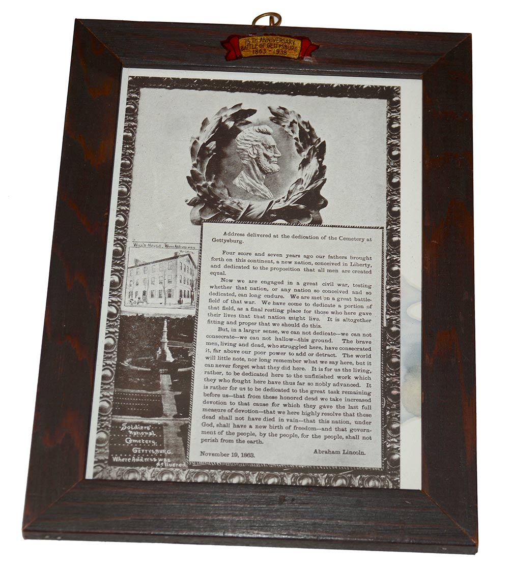 75th ANNIVERSARY OF GETTYSBURG COMMEMORATIVE FRAMED GETTYSBURG ADDRESS