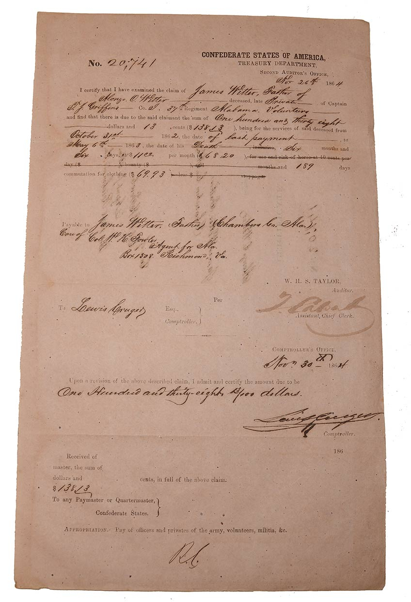 CONFEDERATE FINAL PAY DOCUMENT FOR 37TH ALABAMA SOLDIER WHO DIED IN 1863